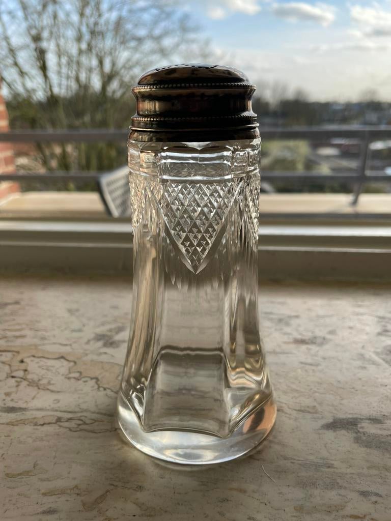 Antieke suiker strooier van kristal en zilver, Ophalen of Verzenden, Zilver