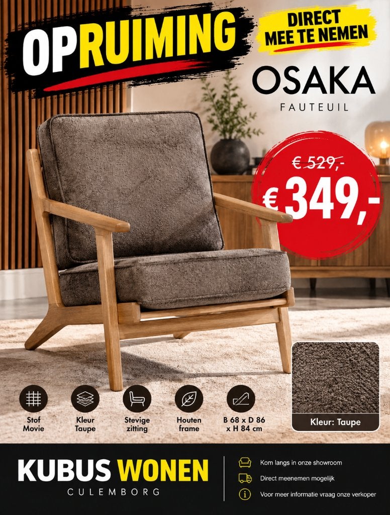 Osaka fauteuil taupe – opruiming van €529 voor €349, Hout, Nieuw, 75 tot 100 cm, Ophalen of Verzenden