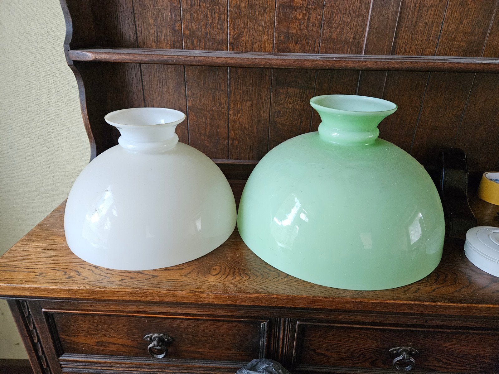 Vintage glazen lampenkappen - wit en mintgroen, Ophalen of Verzenden