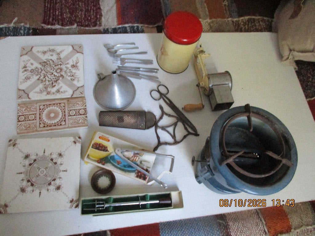 Antiek keukenspullen emaille kook stel blik molentje etc, Ophalen of Verzenden