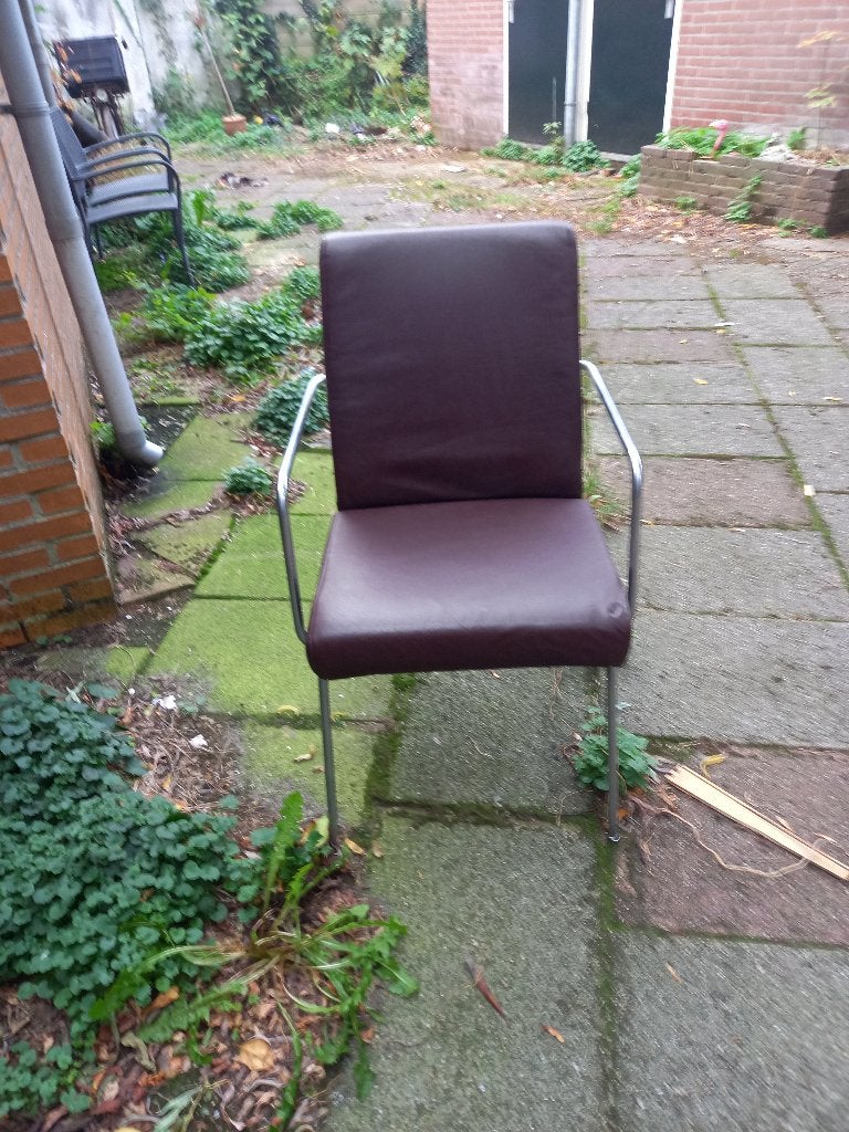 Harvink stoelen (4) met armleuningen - Bruin leer en metaal, Ophalen, Gebruikt, Vier, Leer