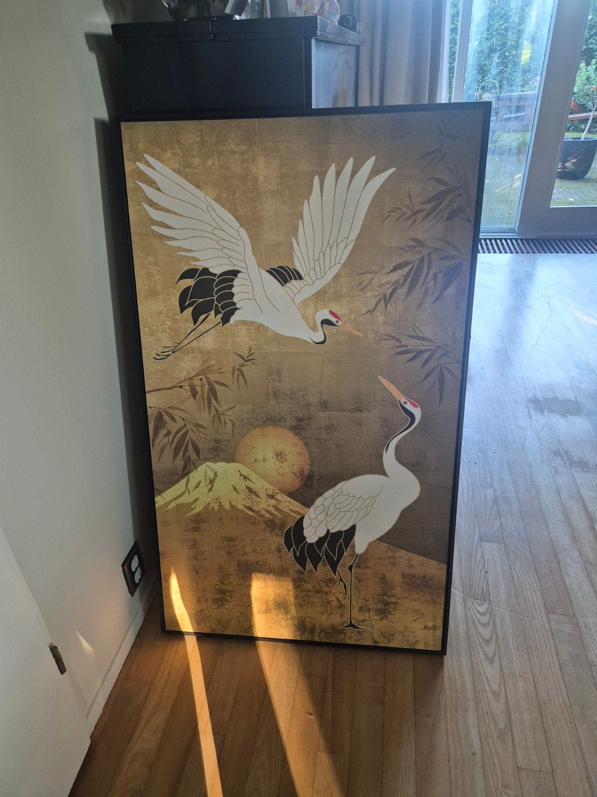 Groot schilderij met kraanvogels en berglandschap, Ophalen, Overige stijlen, Doek, Overige technieken