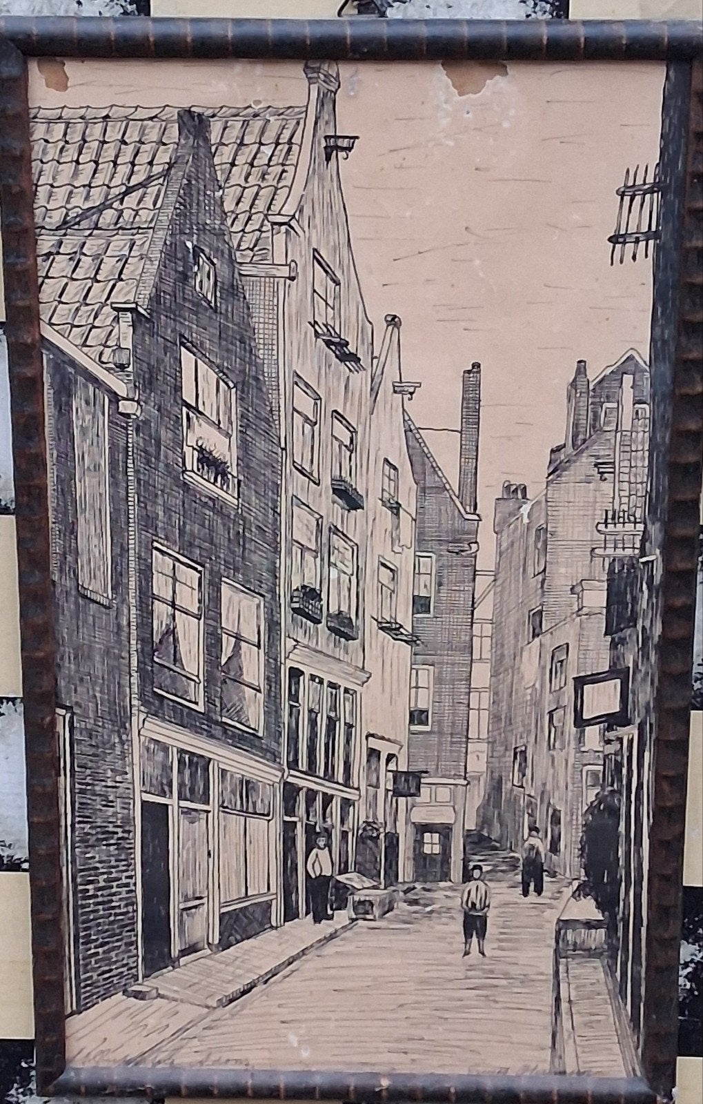 Amsterdamse volksbuurt.  Litho.  1900/1930. 19/21 cm., Antiek en Kunst, Kunst | Litho's en Zeefdrukken, Ophalen, Overige onderwerpen