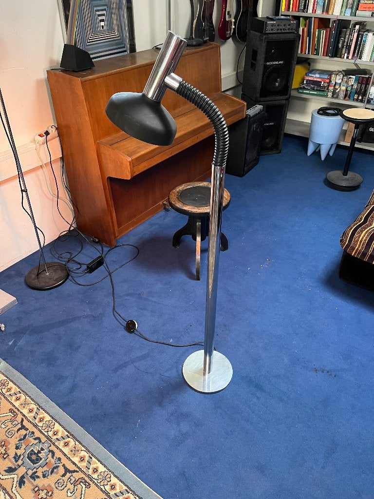 Seventies Metaal Chrome vloerlamp Zwanenhals Steinhauer, Ophalen, Gebruikt, E27 (groot), Metaal