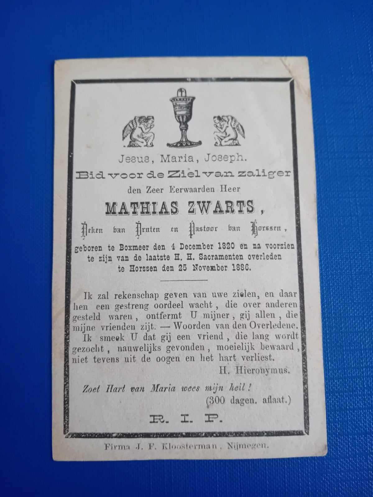 Bidprentje Mathias Zwarts (1820-1886), Ophalen of Verzenden