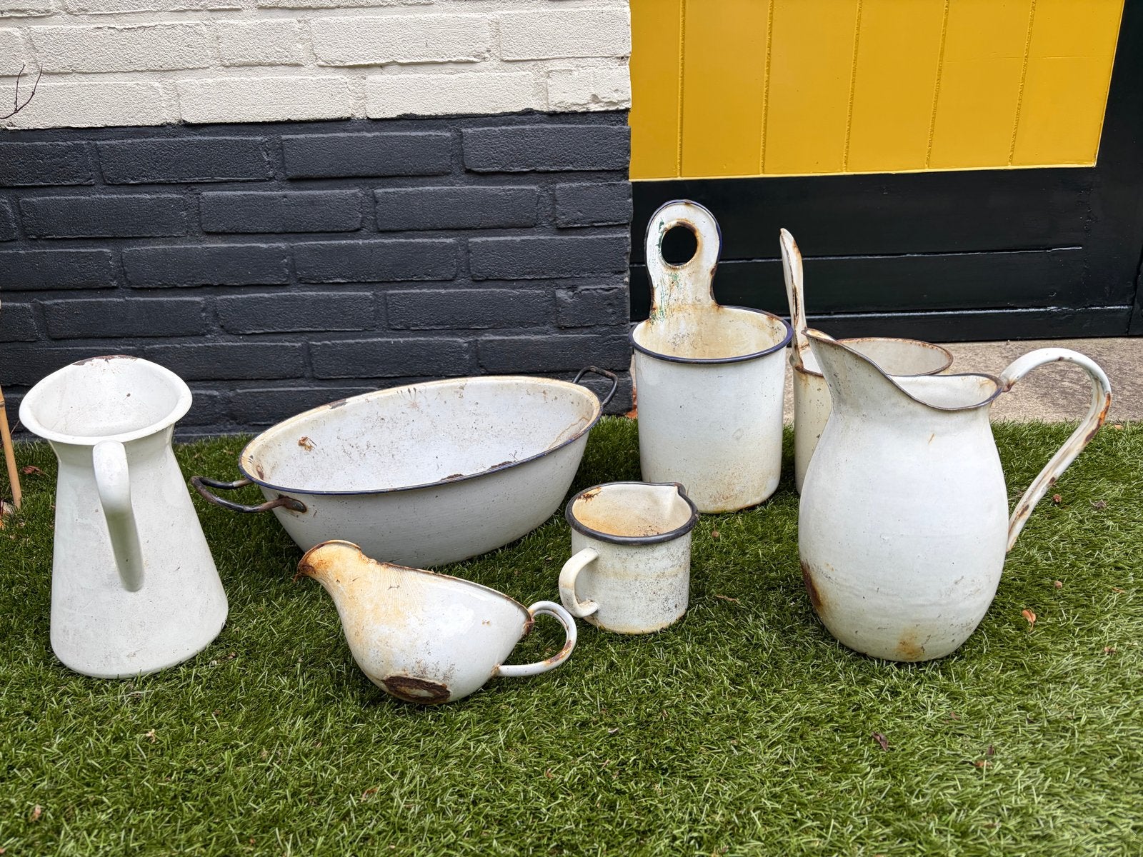 Vintage emaille plantenbakken set - Wit brocante retro, Gebruikt, Minder dan 30 cm, Minder dan 60 cm, Rond