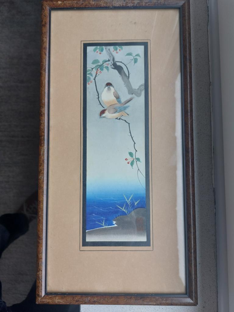Antiek Japans waterverf schilderij vogels jaren 20, Ophalen of Verzenden