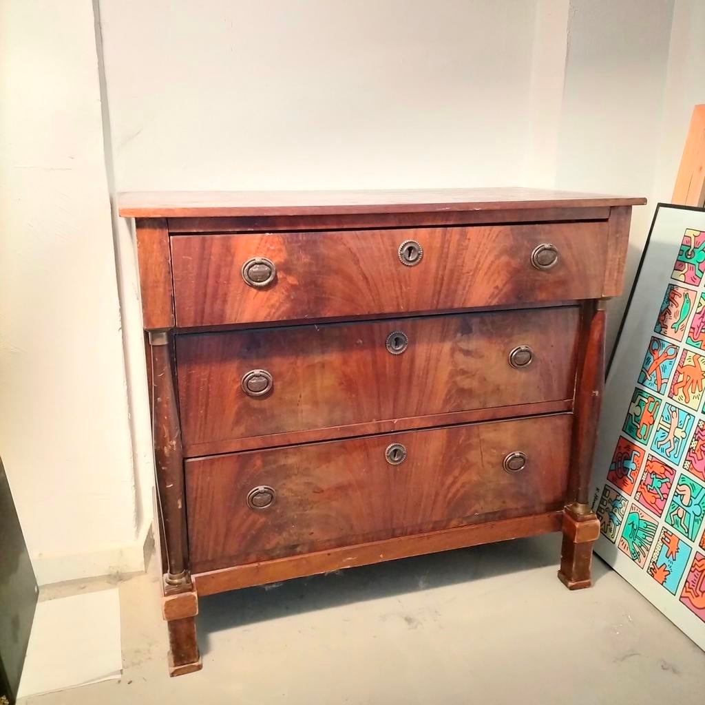 Antieke Ladekast Empire / Biedermeier Stijl, Ophalen, 100 tot 150 cm, 3 of 4 laden, Minder dan 100 cm