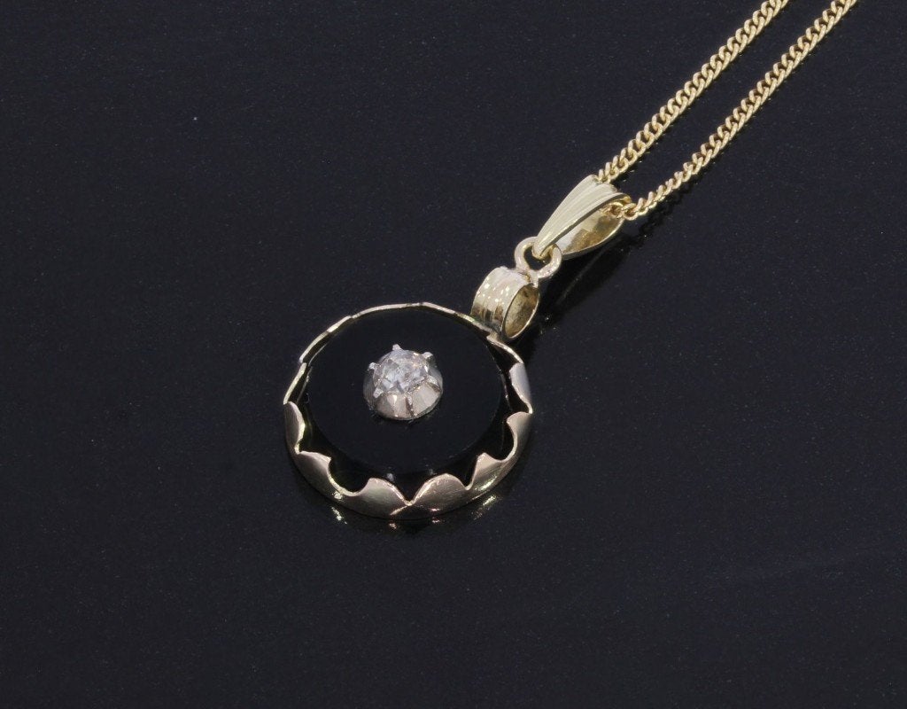 Diamant onyx antieke 14k gouden ketting hanger fraai, Ophalen of Verzenden, Goud, Hanger, Met edelsteen