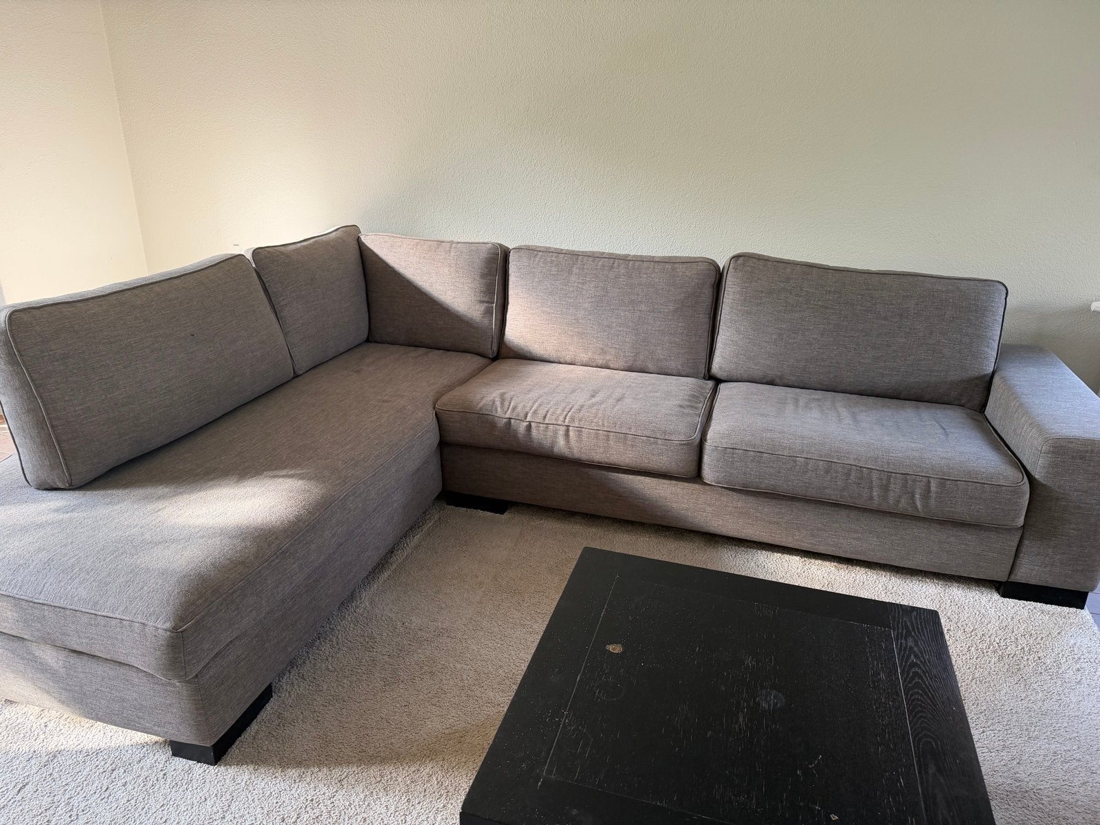 Grijze hoekbank met chaise longue - Gebruikt, Ophalen, 250 tot 300 cm, Gebruikt, Hoekbank