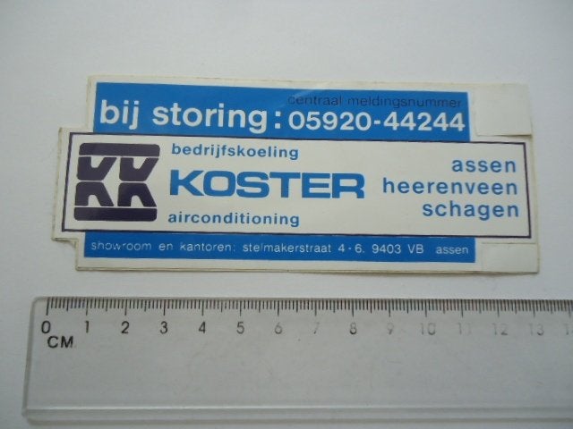 sticker oud KOSTER Assen Heerenveen schagen retro koeling, Verzenden, Zo goed als nieuw, Bedrijf of Vereniging