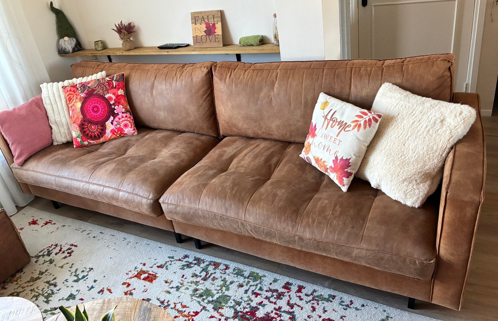 Cognac microleder bankstel, Ophalen, Gebruikt, 75 tot 100 cm, Vierpersoons of meer