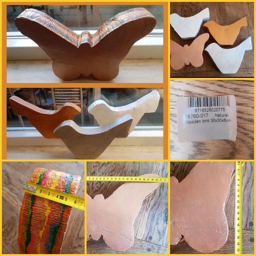 Decoratie massief hout 3 vogels,1 vlinder, Huis en Inrichting, Woonaccessoires | Overige, Ophalen of Verzenden