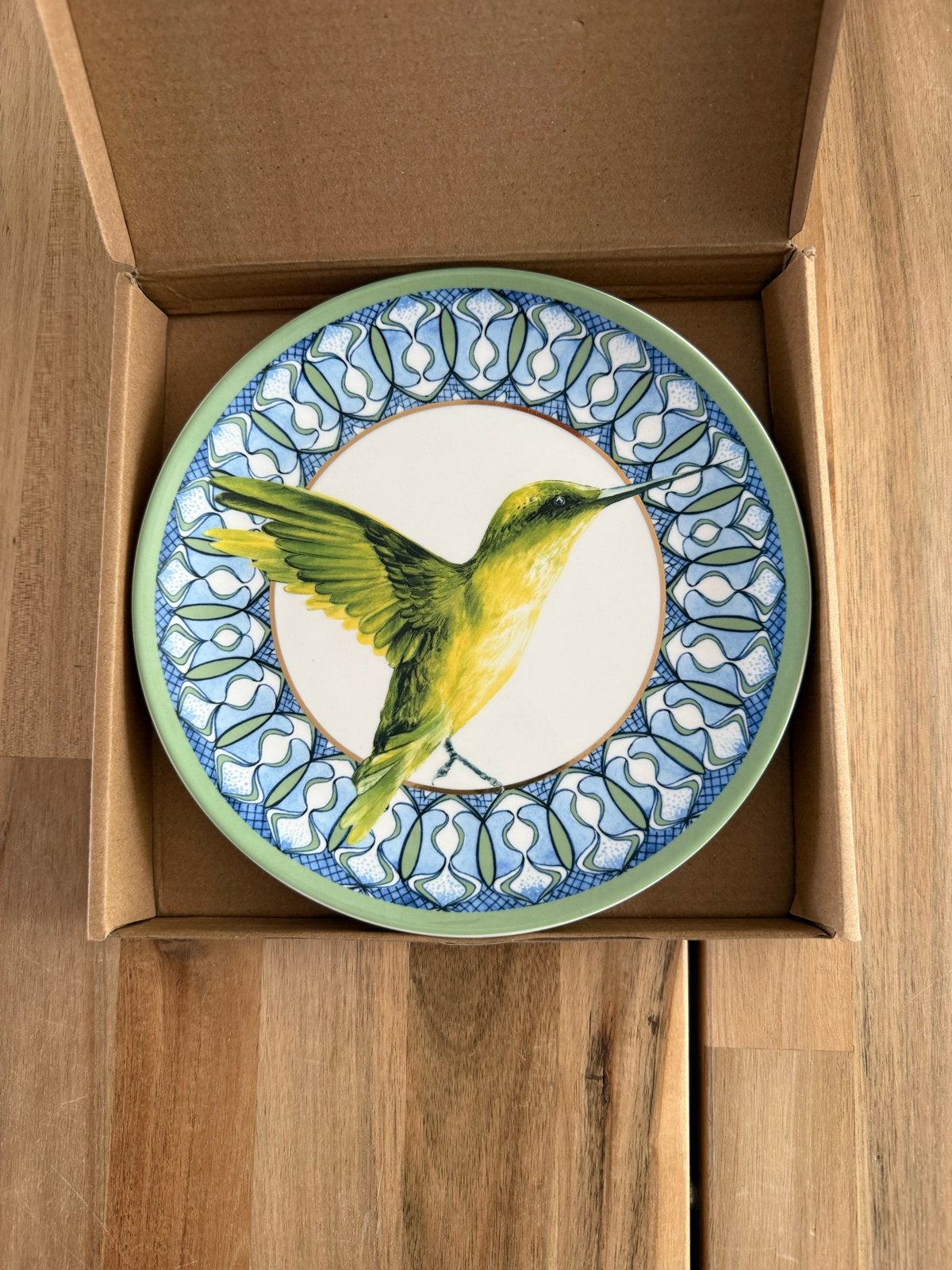 Heinen Delfts Blauw Mandala Kolibrie Bord - Nieuw in Doos, Antiek en Kunst, Ophalen