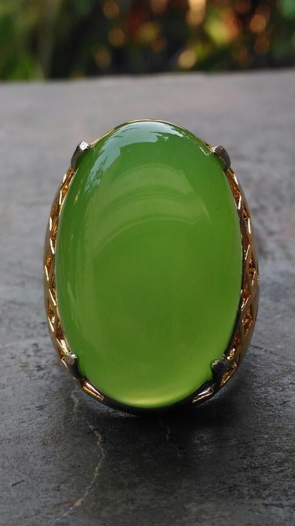 Ring met Groene Chalcedoon (Anggur Hijau) Agaat CAR31, Sieraden, Tassen en Uiterlijk, Ringen, Overige materialen, Verzenden, 19 tot 20