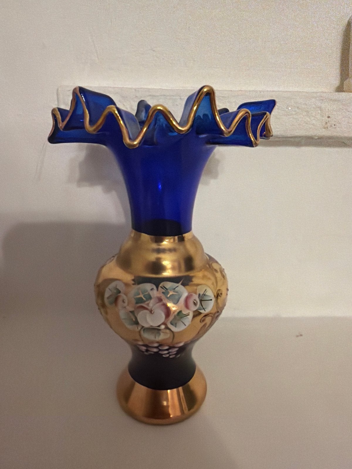 Handgeschilderde Boheemse Glazen Vaas - Blauw & Goud, Ophalen of Verzenden