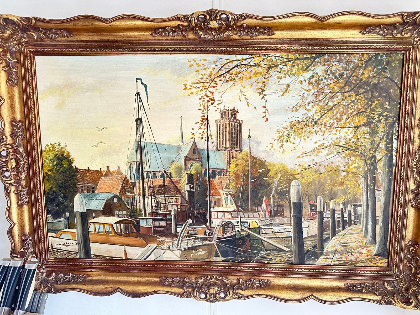 Olieverfschilderij Ad Bakker - Dordts Stadsgezicht, Doek, Realistisch, Ophalen of Verzenden, Gesigneerd