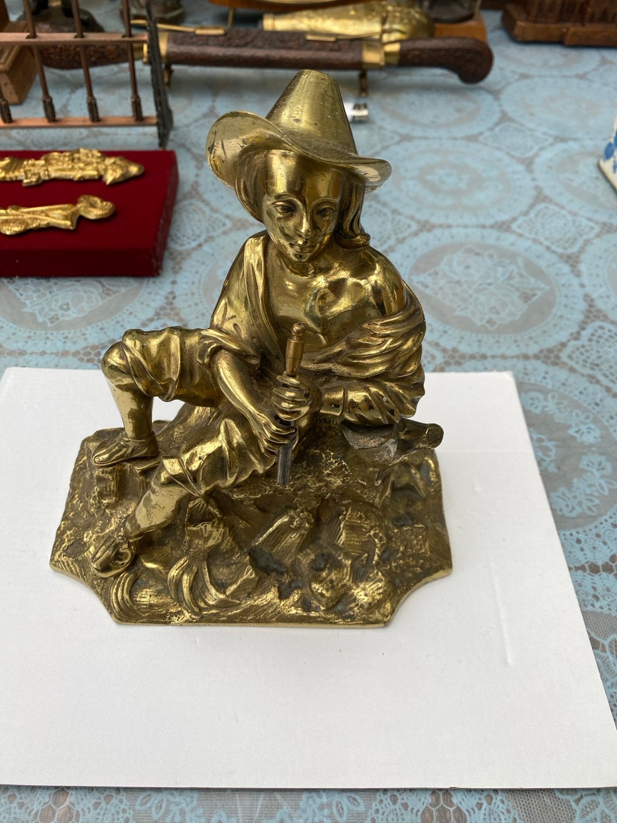 Vintage messing beeld van een jongen met fluit, Ophalen of Verzenden, Brons