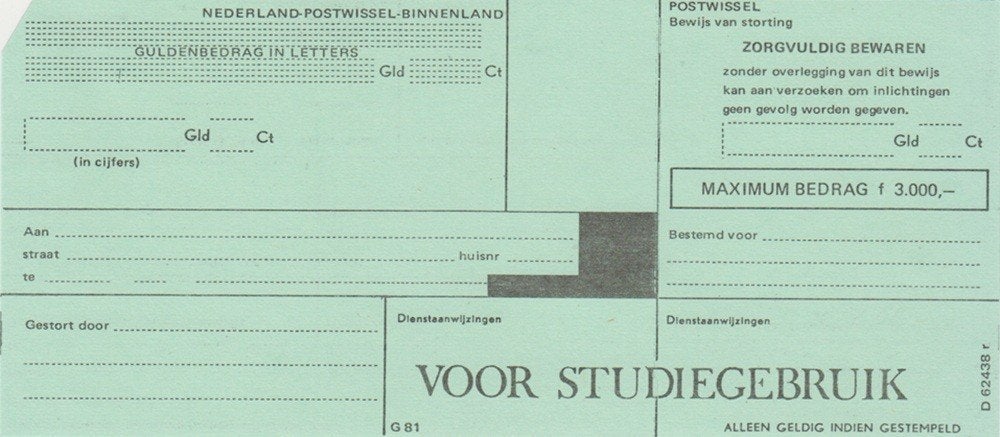 Nederland-Postwissel-Binnenland 'Voor Studiegebruik' ongebr., Verzenden, Overige typen
