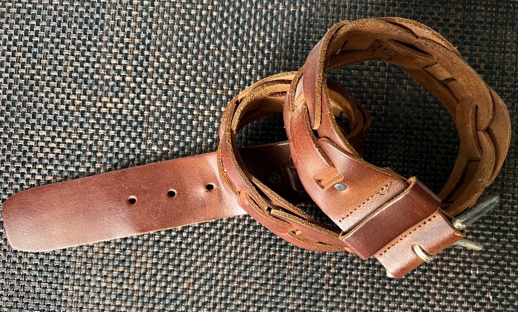 Brede leren riem. 85 cm., Bruin, Gevlochten, Echt leder, Minder dan 95 cm