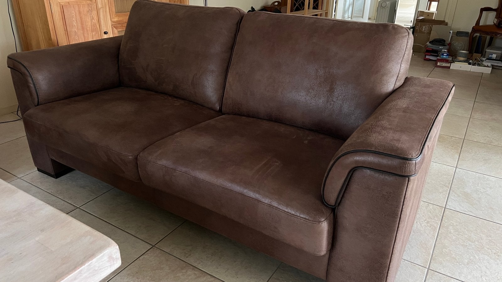 2 fauteuils + 2-zitsbank in bruin microleder, Huis en Inrichting, Banken | Bankstellen, Ophalen, Gebruikt, 150 tot 200 cm, Driepersoons