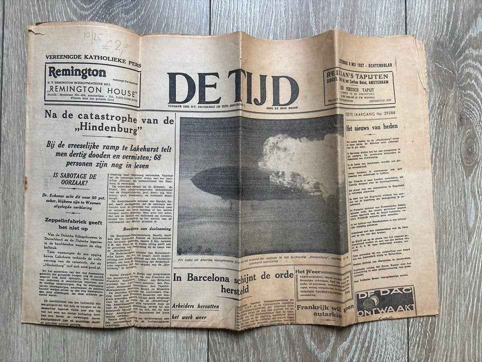 Historische krant 'DE TIJD' over Hindenburg-ramp (1937), Ophalen of Verzenden, Gelezen, Krant