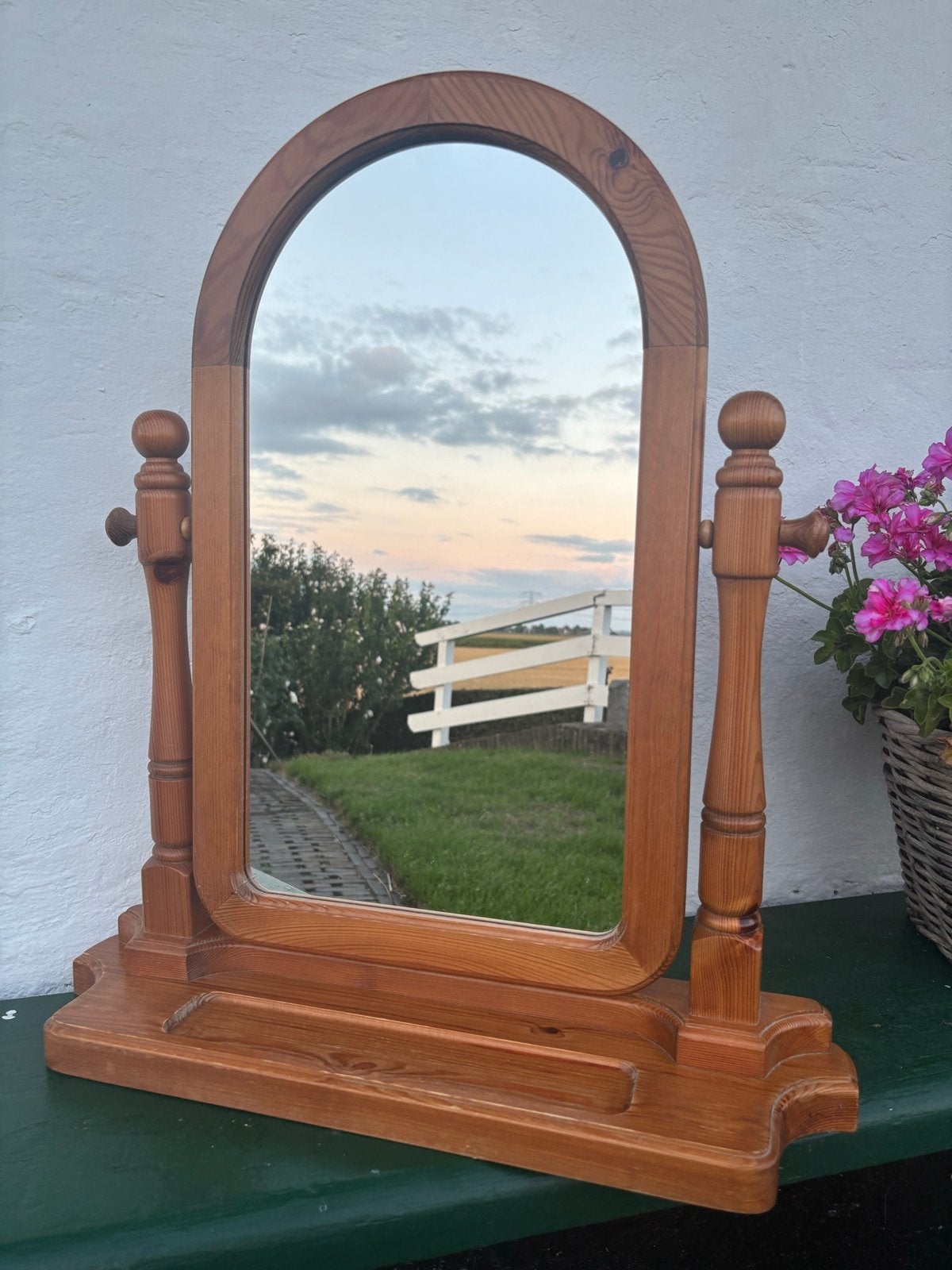 Vintage houten kapspiegel - Klassieke tafelspiegel, Minder dan 50 cm, Gebruikt, Ophalen of Verzenden, Minder dan 100 cm
