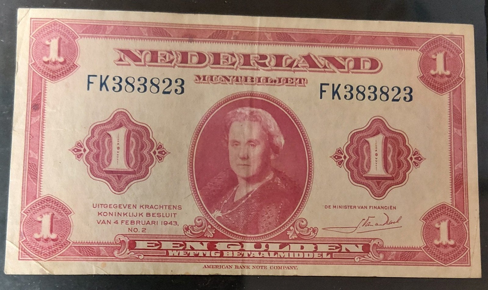1 gulden muntbiljet 1943 Wilhelmina I 2 letters 6 cijfers, Verzenden, 1 gulden, Los biljet