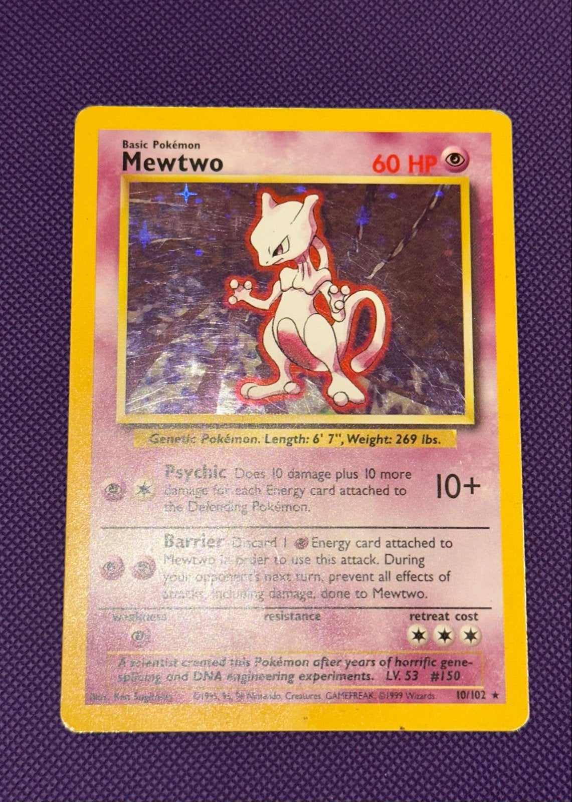 Mewtwo 10/102 Base Set Holo Pokémon Kaart, Hobby en Vrije tijd, Verzamelkaartspellen | Pokémon, Ophalen of Verzenden, Gebruikt