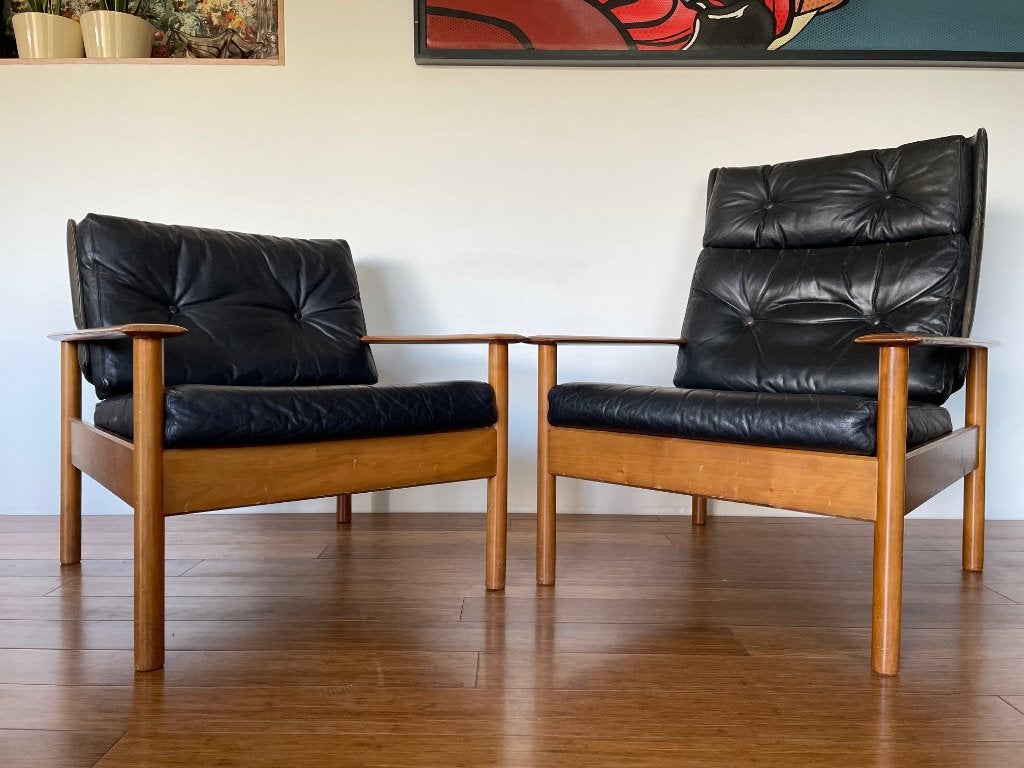2 vintage fauteuils leer hout jr. 60, Ophalen, Gebruikt, Vintage, Nvt