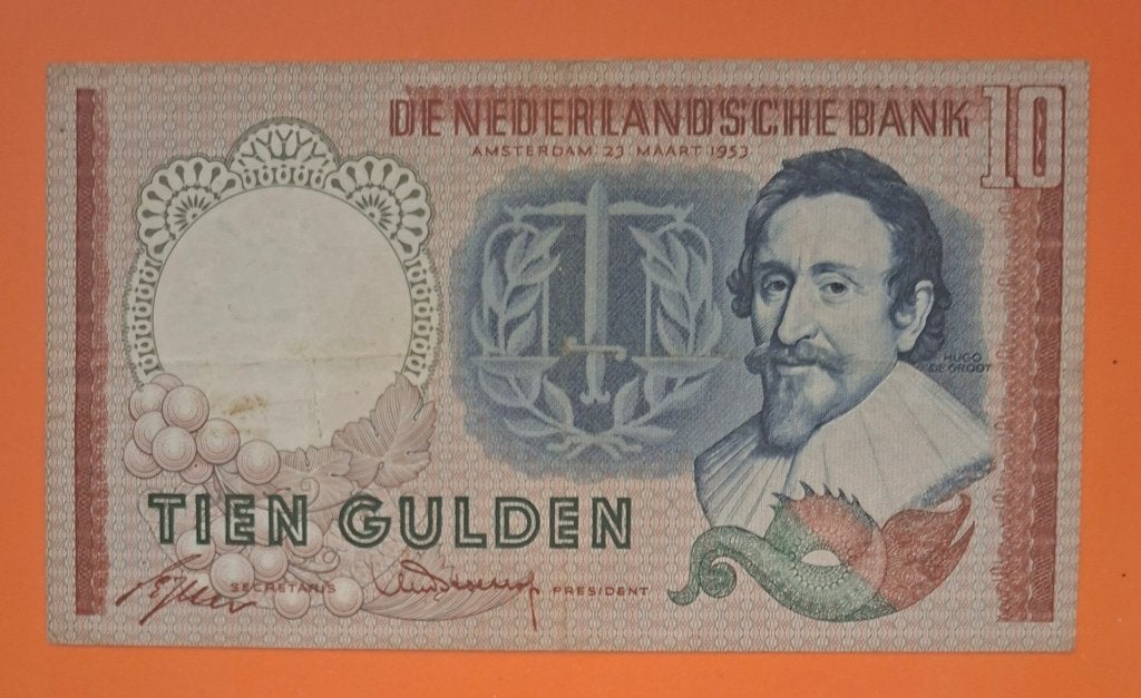 Bankbiljet 10 gulden 1953 Hugo de Groot, cat. PL45.b2, Postzegels en Munten, Bankbiljetten | Nederland, Verzenden, 10 gulden, Los biljet