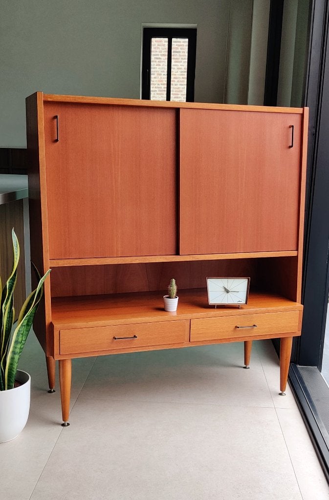 Prachtige vintage teakhouten barkast / highboard, Ophalen, Met deur(en), Teakhout, Zo goed als nieuw