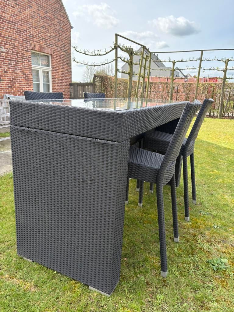Bartafel hoge tafel en 4 barkrukken rotan grijs, Huis en Inrichting, Tafels | Statafels, Ophalen, Gebruikt