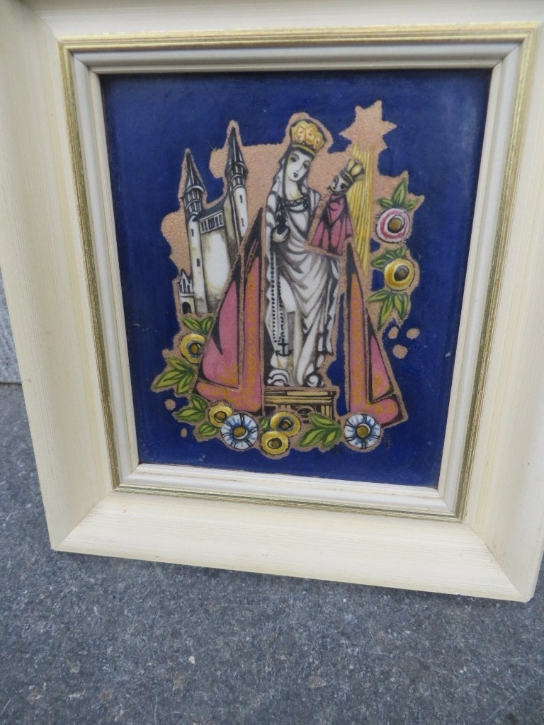 Mooie religieus Emaille maria/jezus schilderijtje, Antiek en Kunst, Ophalen