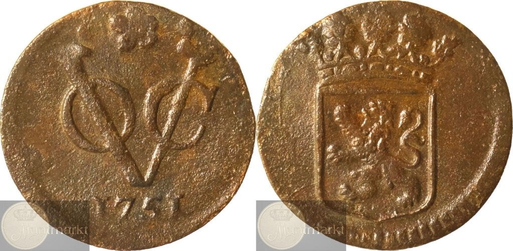 V.O.C. - Holland -  ½ Duit 1751 'Dordrecht', Ophalen of Verzenden, Vóór koninkrijk, Overige waardes, Losse munt