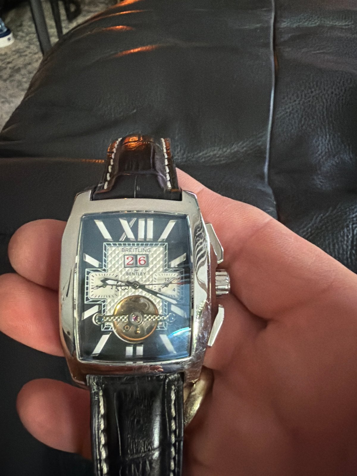 Breitling Bentley Polshorloge - Zwart Leer & Staal, Ophalen, Staal, Breitling, Polshorloge