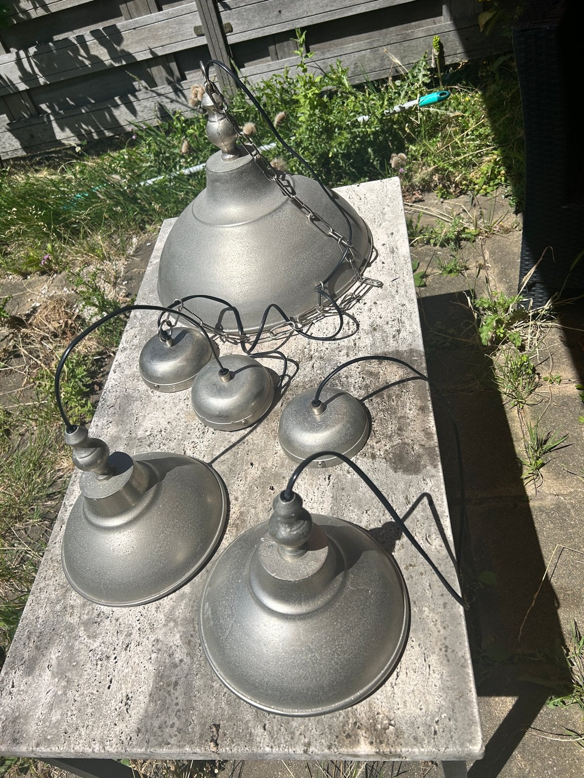 Set van 3 nikkel ijzeren hanglampen, Ophalen, Gebruikt, Metaal, E27 (groot)