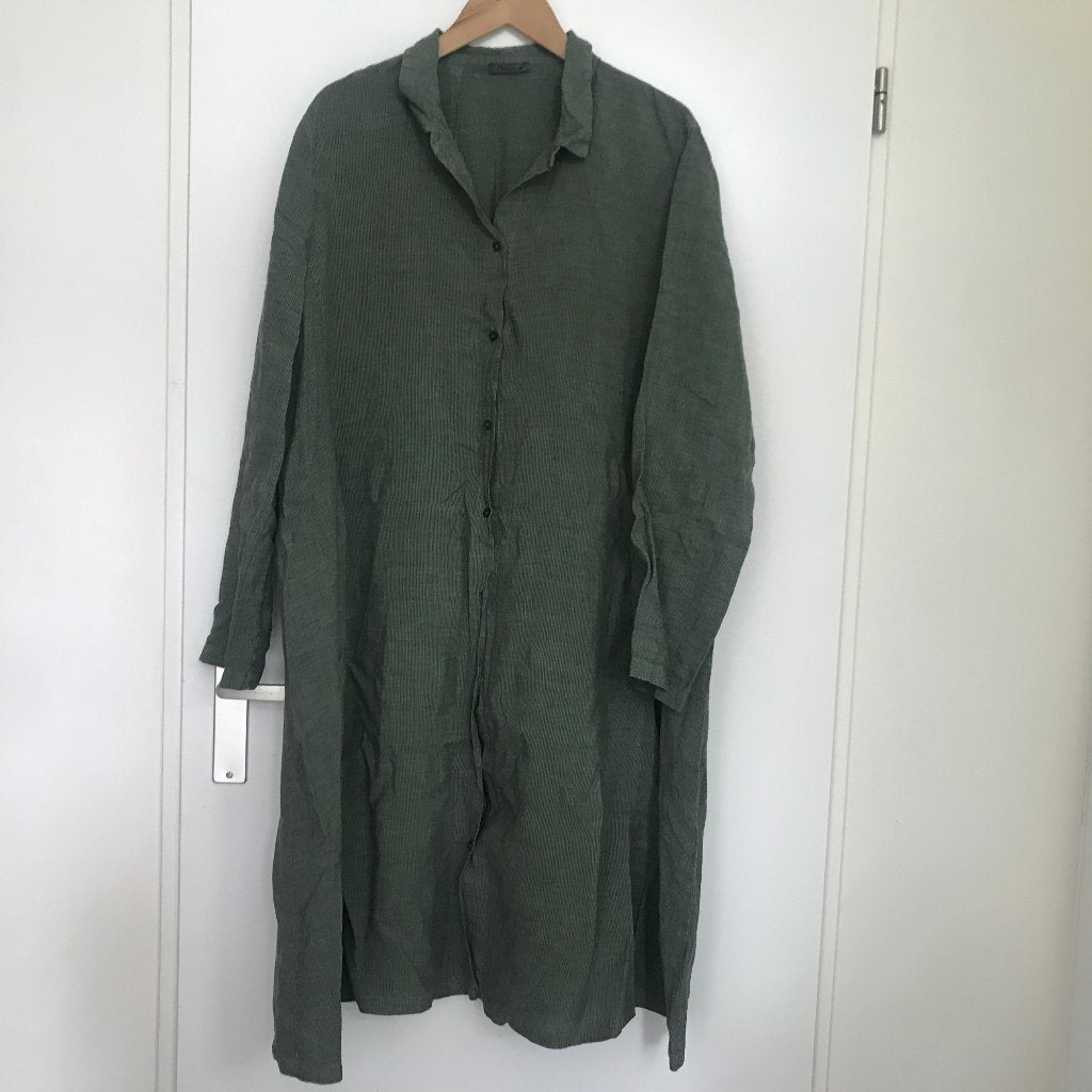 Oska lange blousejurk maat 3 100% linnen groen gestreept, Verzenden, Maat 46/48 (XL) of groter, Zo goed als nieuw, Onder de knie