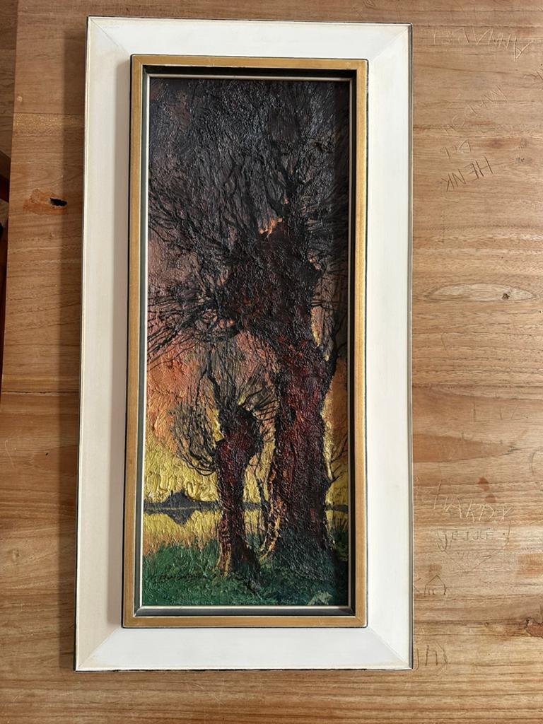 Jos van Dijk - Olieverfschilderij: Bomen in avondlicht, Antiek en Kunst, Ophalen of Verzenden