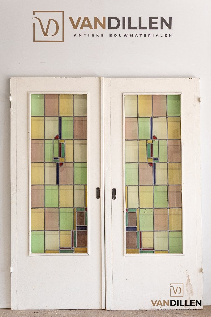 Fraaie oude ensuite vouwdeuren gekleurd glas in lood motief, 120 cm of meer, Binnendeur, Minder dan 200 cm, Ophalen of Verzenden