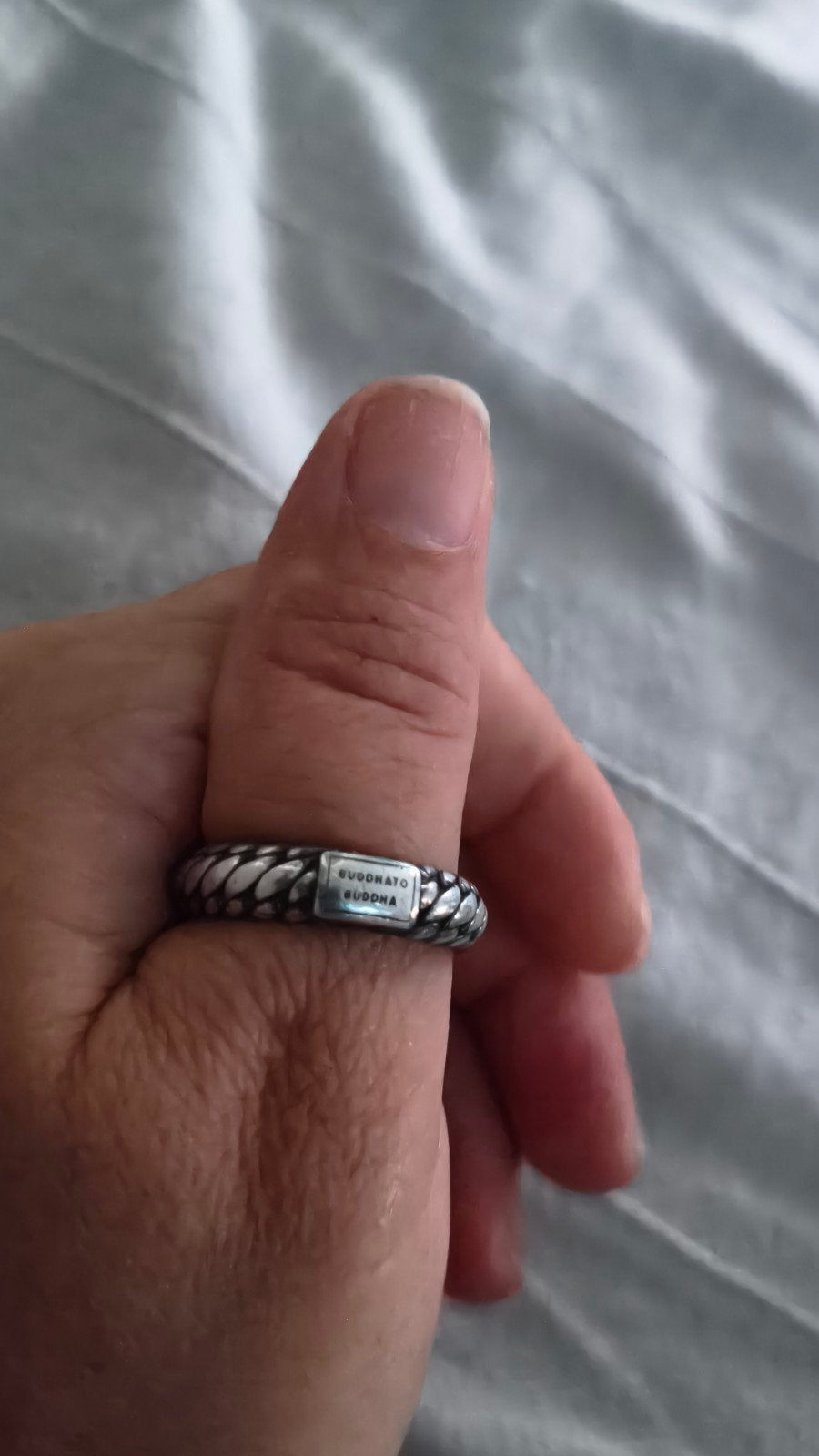 Zilveren Buddha to Buddha ring maat 19, Gebruikt, 19 tot 20, Ophalen of Verzenden, Dame of Heer