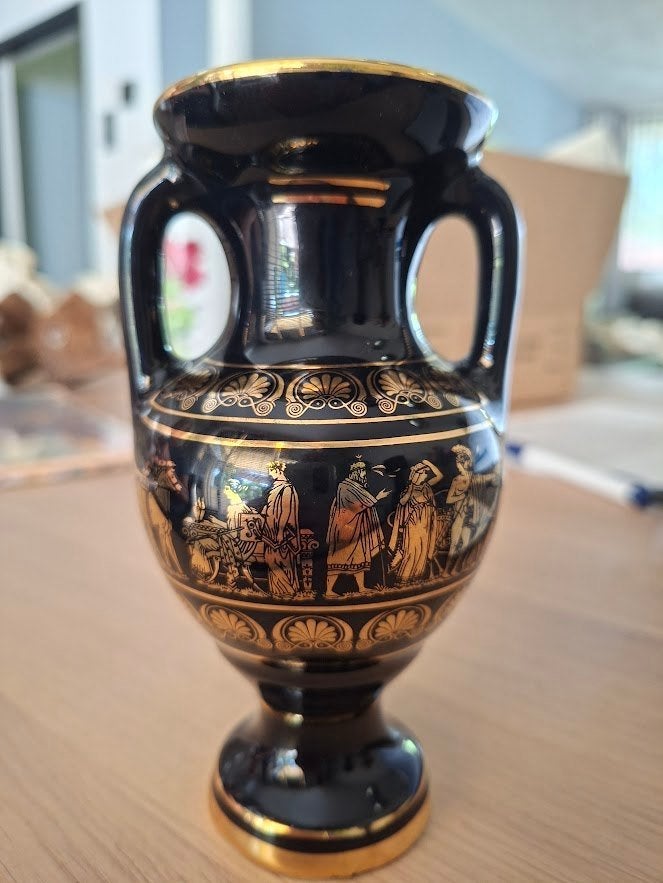 Grieks vaasje (amfoor), zwart met 24K gouden afbeeldingen, Zwart, 14 cm, Ophalen of Verzenden, Zo goed als nieuw