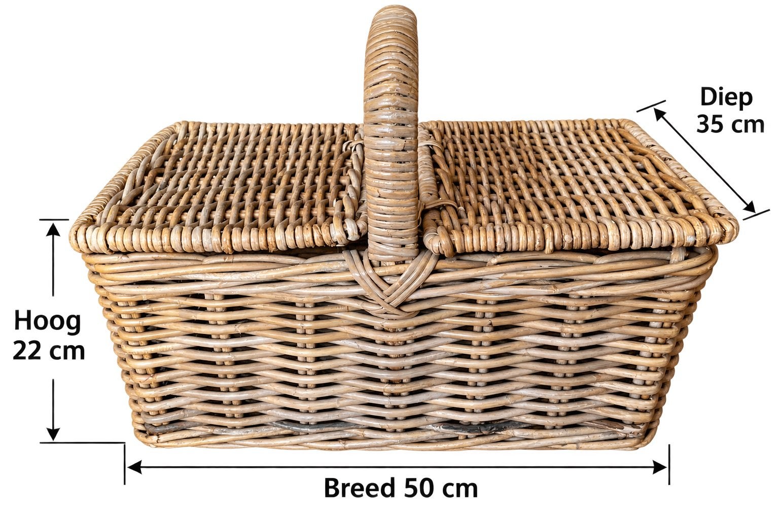 Grote rieten picknickmand - 50x35x22 cm, Ophalen, Zo goed als nieuw, Zonder inhoud