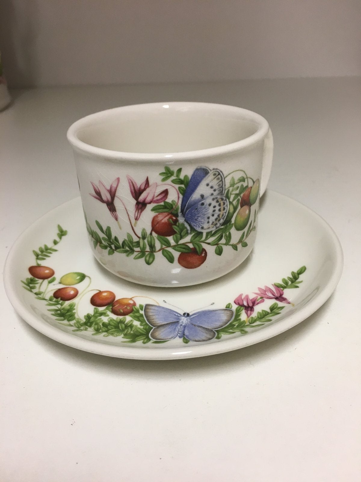 Marjolein Bastin kop en schotel met vlinder en rozenbottels, Nieuw, Ophalen of Verzenden, Overige stijlen, Kop(pen) en/of Schotel(s)