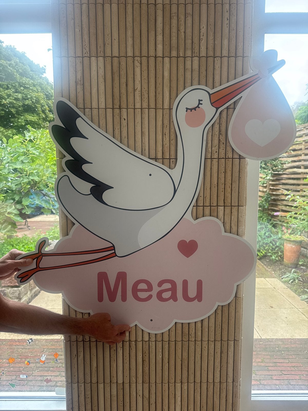 Geboortebord Ooievaar met naam 'Meau', Ophalen of Verzenden, Zo goed als nieuw, Geboortebord