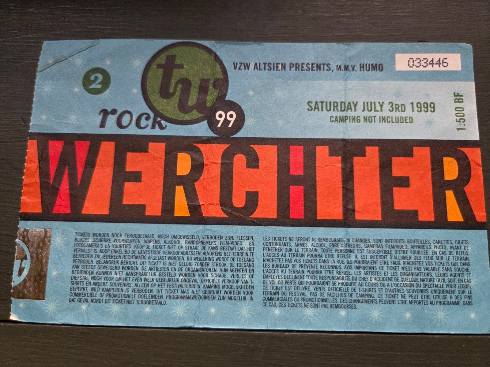 Concertticket Rock Werchter 3 juli 1999 met o.a. Metallica, Ophalen of Verzenden, Gebruikt, Overige typen