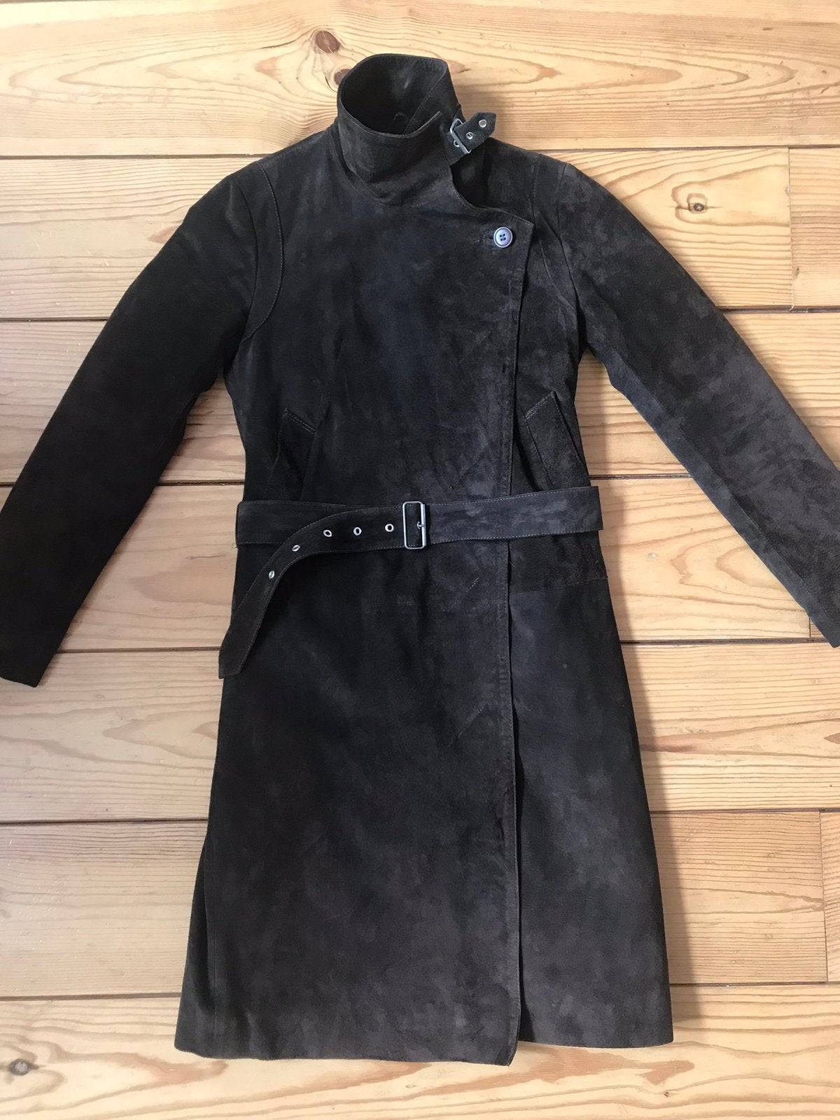 Suede lange donkerbruine trenchcoat jas Mansharey medium egf, Kleding | Dames, Maat 38/40 (M), Bruin, Ophalen of Verzenden, Zo goed als nieuw