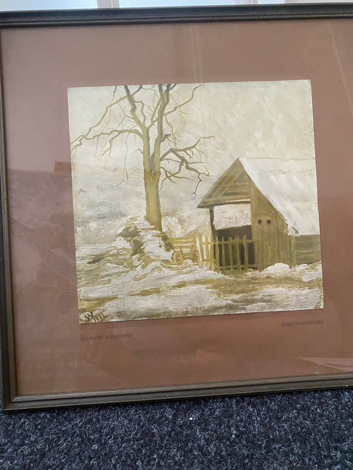 Koningin Wilhelmina - Litho Sneeuwlandschap in oude lijst, Antiek en Kunst, Ingelijst, Ophalen of Verzenden, Landschappen, Lithografie
