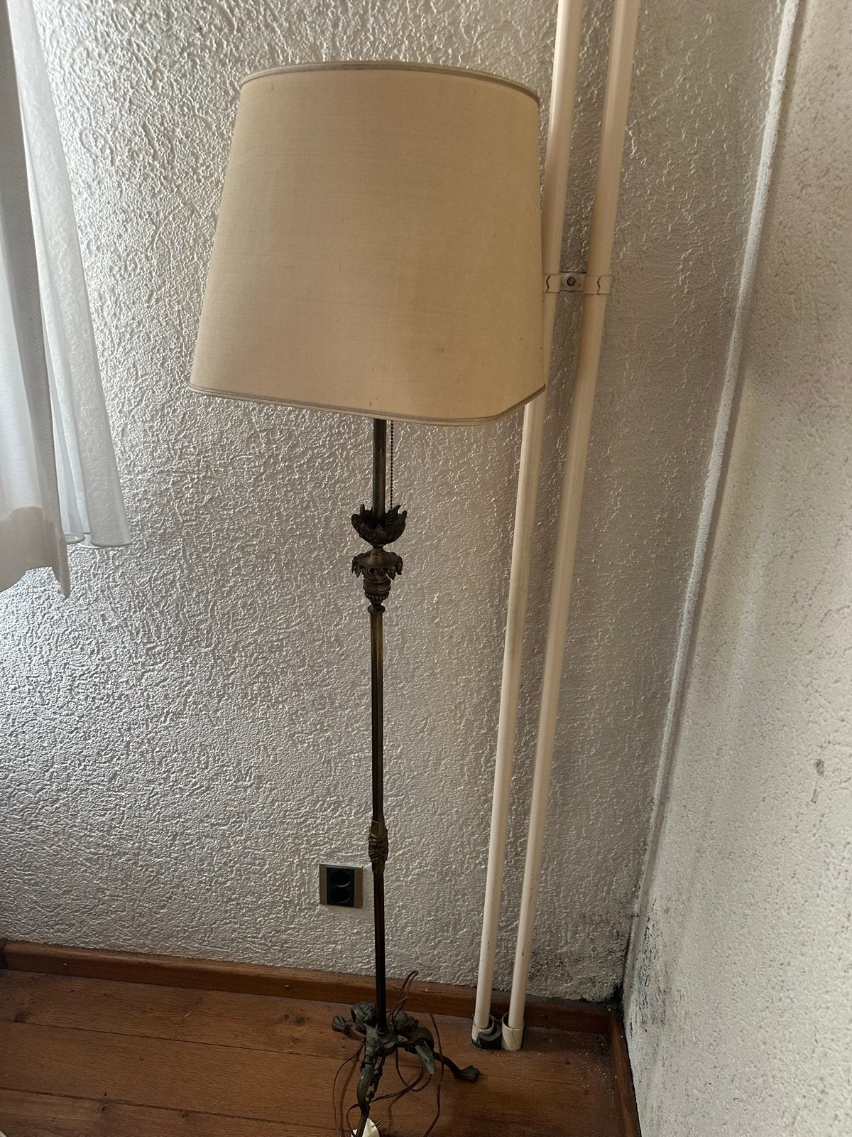 Vintage bronzen vloerlamp met stoffen kap, Antiek en Kunst, Ophalen