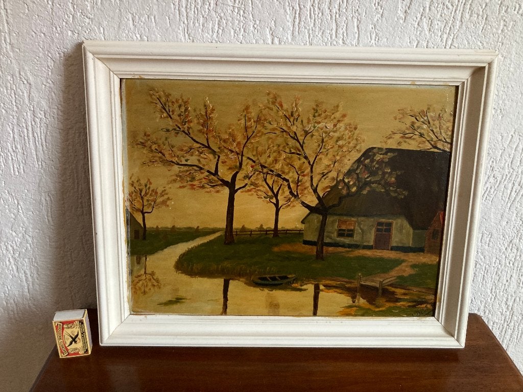 Boerderij met rieten dak aan het water met bloesembomen, Paneel, Oud hollands, Ophalen of Verzenden, Olieverf